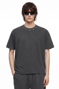 Men's Summer 285g Cotton Washed Rivet Ribbed Oversized Tee