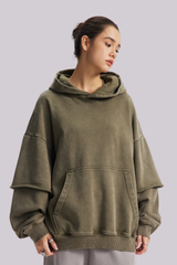 Women's Cotton Retro Faux-Two-Piece Washed  Hoodie