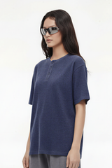 Women's Streetwear Washed Henley Collar Distressed T-shirt