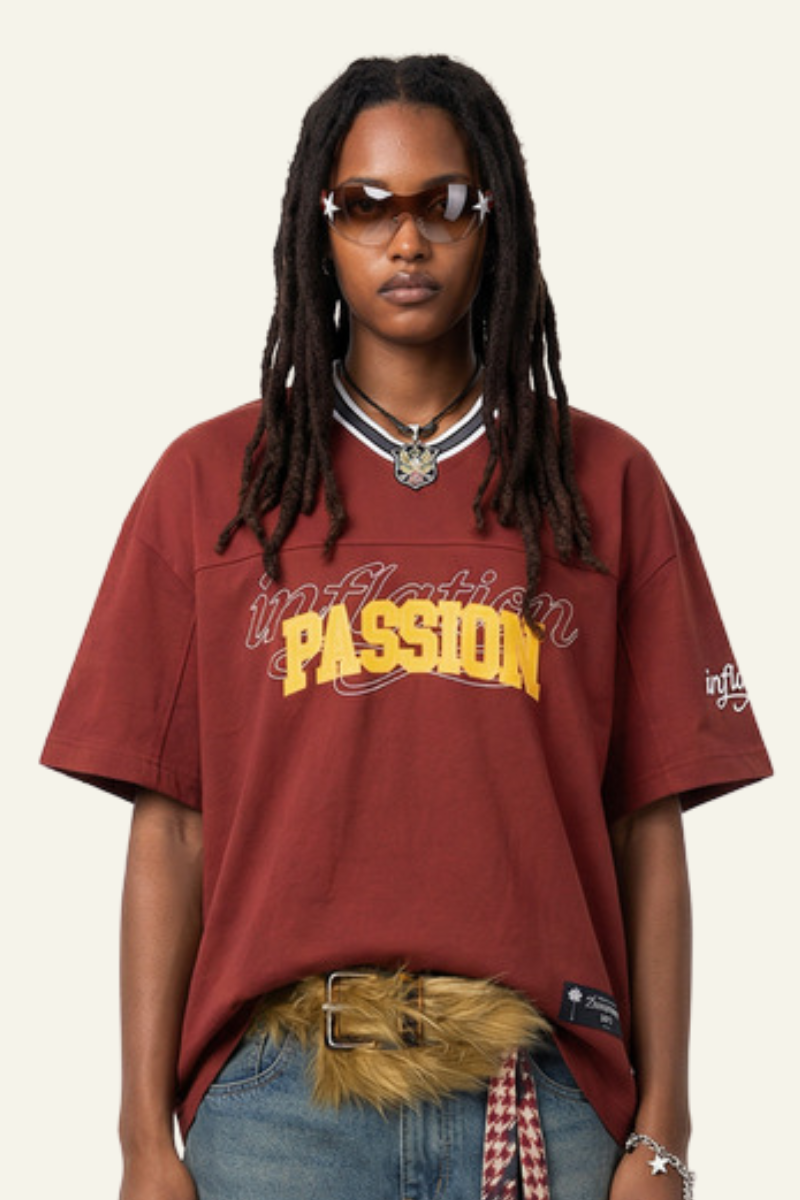 Women's Cotton Streetwear Retro Print V-neck Sport T- shirt