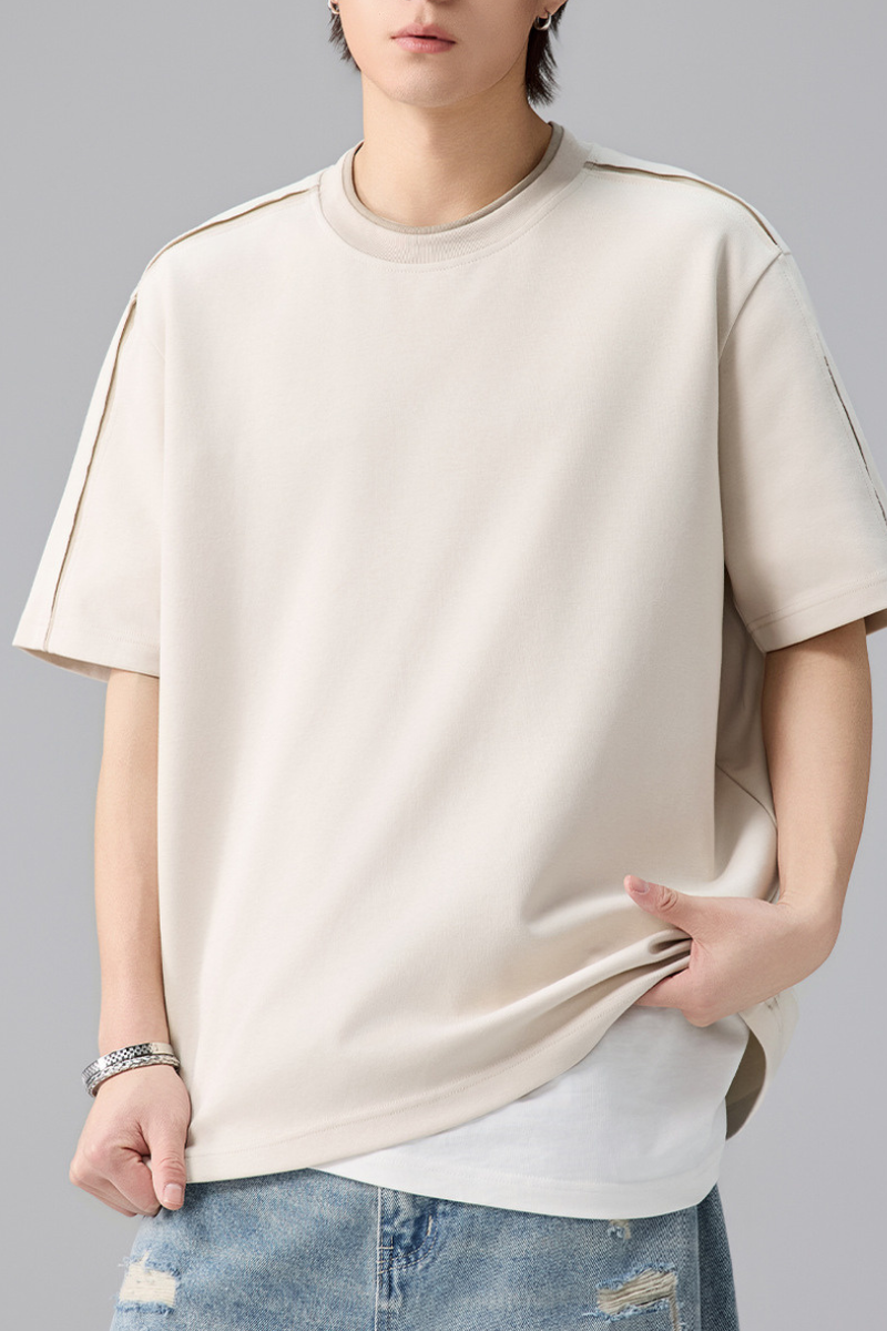 Men's Summer Loose Crewneck Drop Shoulder Side Webbing Tee