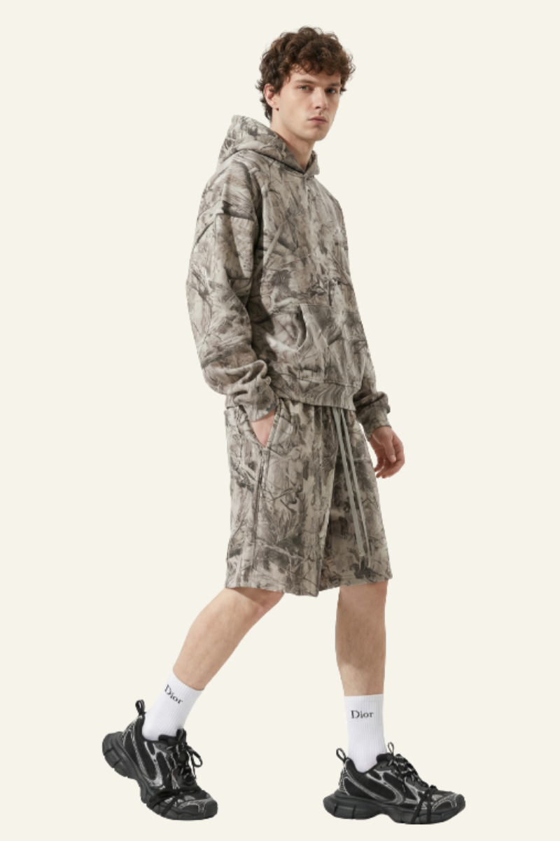 Men's  Camouflage Set:Fleece-Lined Hoodie And Shorts