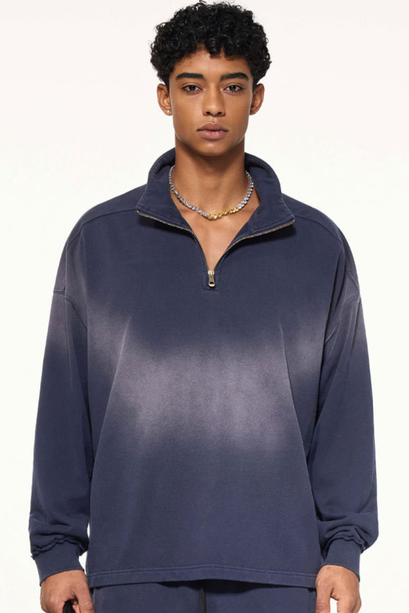 Men's 465g Mock Neck Patch Raw Washed Half Zip Sweatshirt