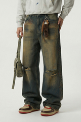 Men's Spring Summer Washed Ripped Red Rhinestone Wide Jeans