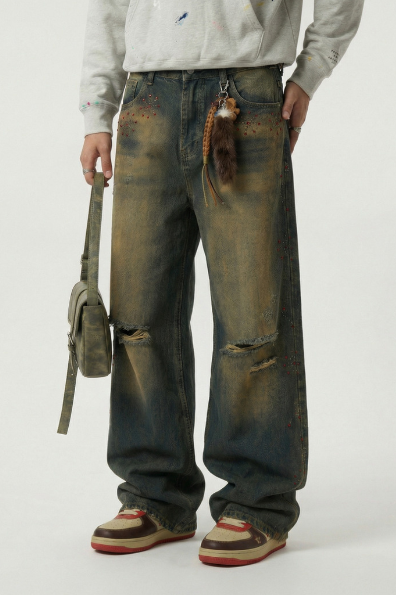 Men's Spring Summer Washed Ripped Red Rhinestone Wide Jeans