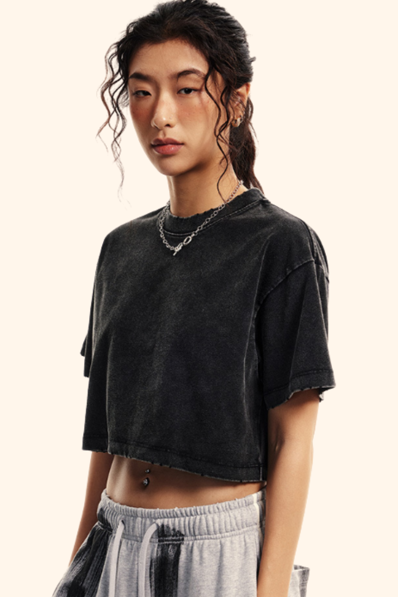 Women's Summer 230g Raw Edge Washed Crewneck Cropped Tee