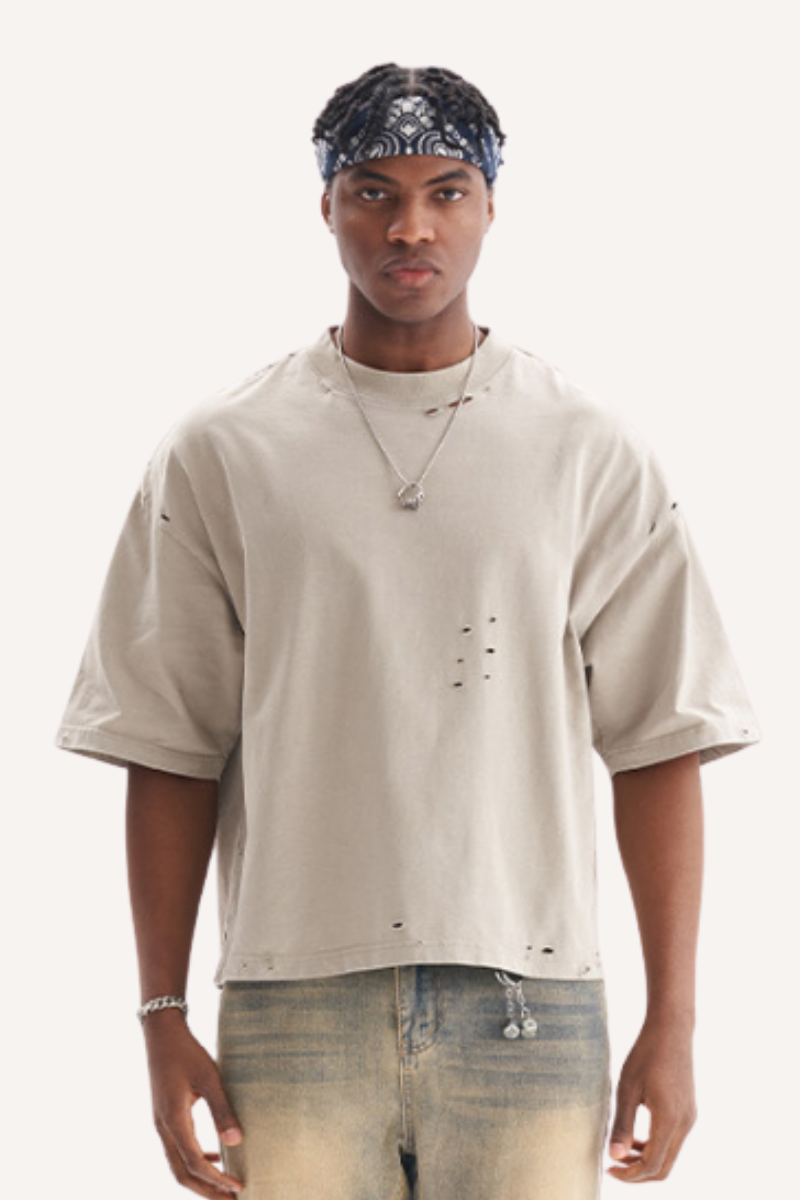 Men's Heavy Cotton Distressed Streetwear Breathable Tee