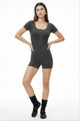 Women's Summer Solid Crewneck Button Placket Bodysuit