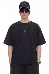 Unisex 275g Cotton Washed Raw Edge Patchwork Sports Tee