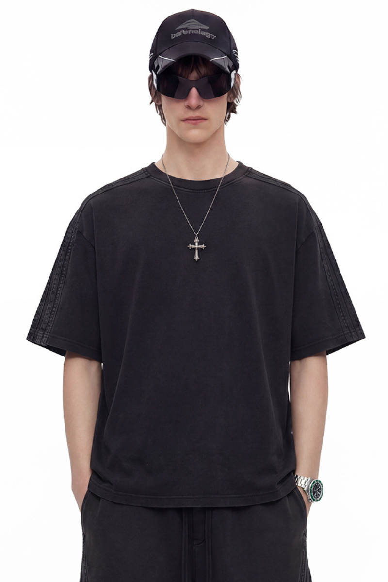 Unisex 275g Cotton Washed Raw Edge Patchwork Sports Tee
