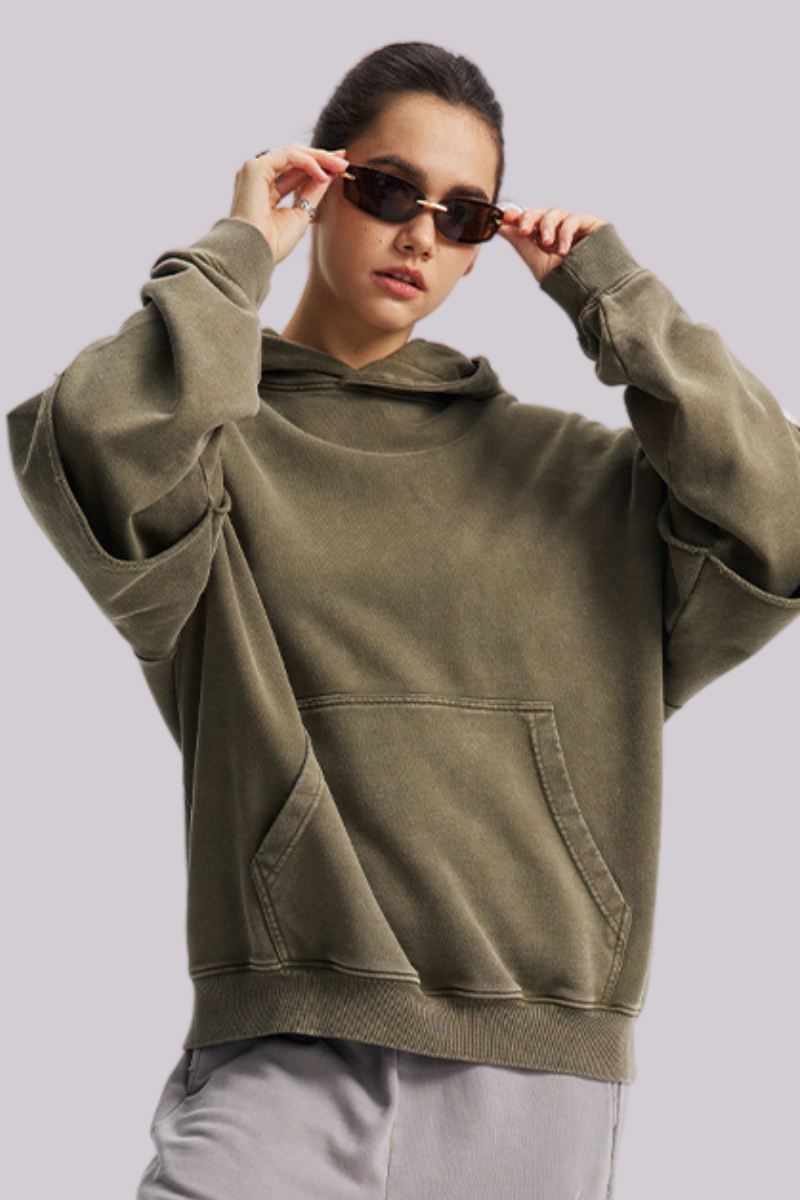 Women's Cotton Retro Faux-Two-Piece Washed  Hoodie