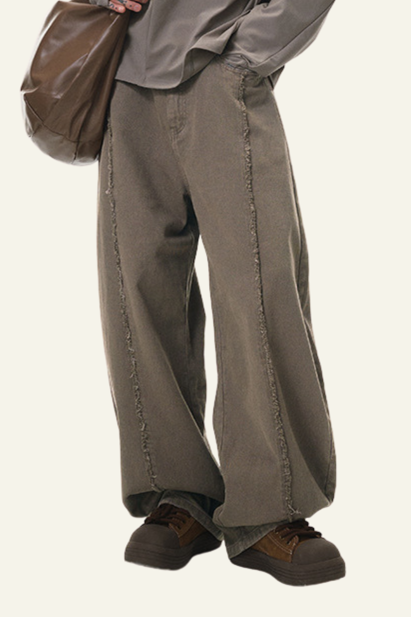 Men's Cotton Vintage Washed Frayed-edge Straight Leg Pants