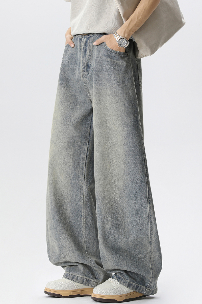 Men's Spring Summer Washed Vintage Wide Curved Jeans