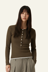 Women's Slim Fit Henley Neck Long Sleee T-shirt