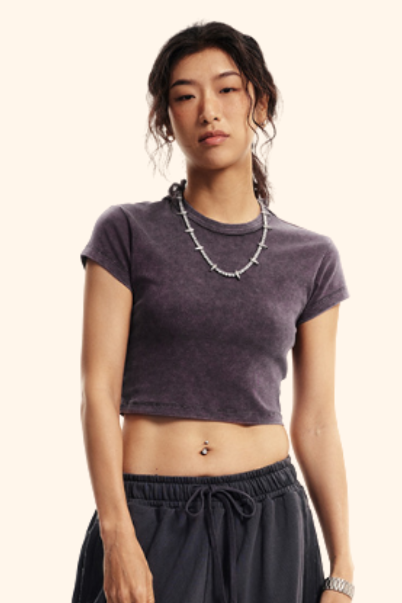 Women's Summer 235g Washed Set-in Slim Crewneck Cropped Tee