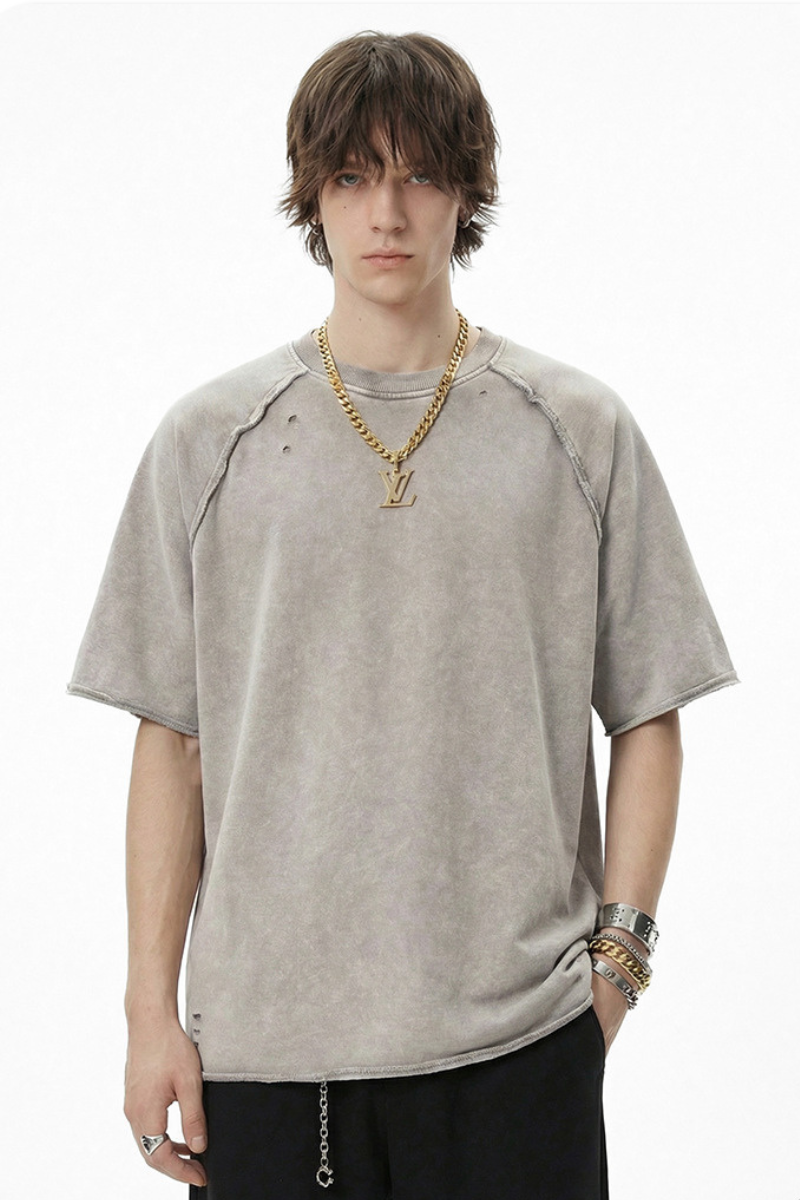 Men's Spring Summer 350g Cotton Batik Washed Raglan Tee