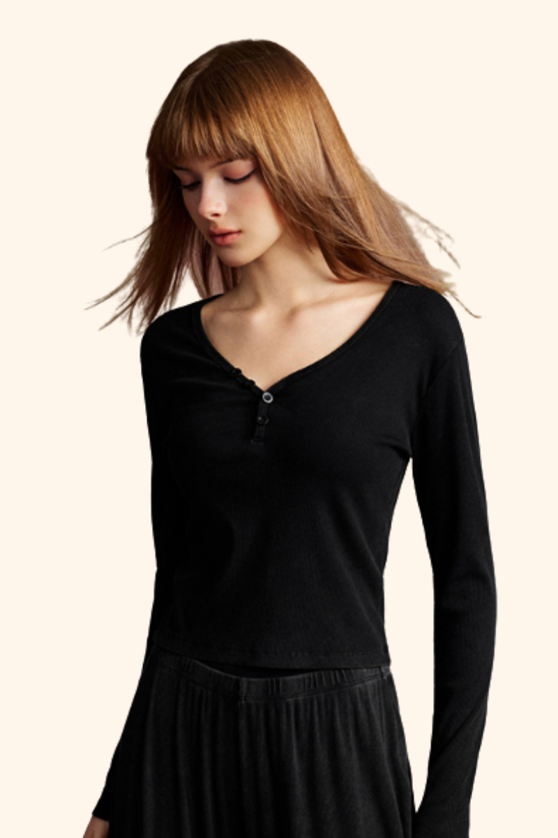 Women's 275g Sexy V-Neck Button Long Sleeve Slim Knit Top