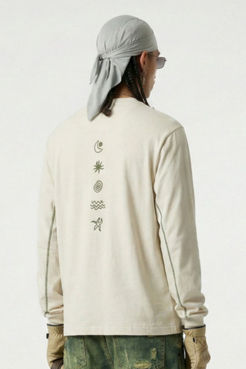 Men's Cotton Linen Symbol Print Colorblock Long Sleeve Tee
