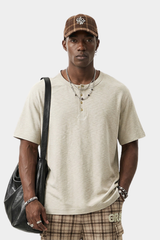 Men's Summer Button Placket Oversized Tee - Natural Fabric