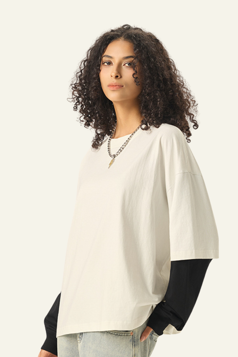 Women's Cotton  Faux-Two-Piece Long Sleeve T-shirt