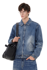 Men's SpringSummer 543g Washed Denim Loose Collar Zip Jacket