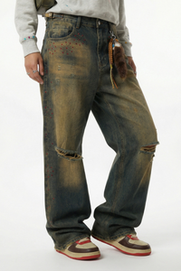 Men's Spring Summer Washed Ripped Red Rhinestone Wide Jeans