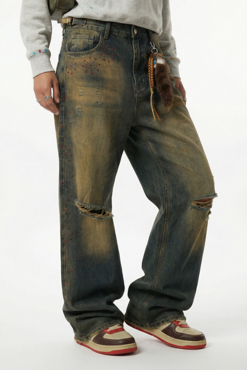 Men's Spring Summer Washed Ripped Red Rhinestone Wide Jeans