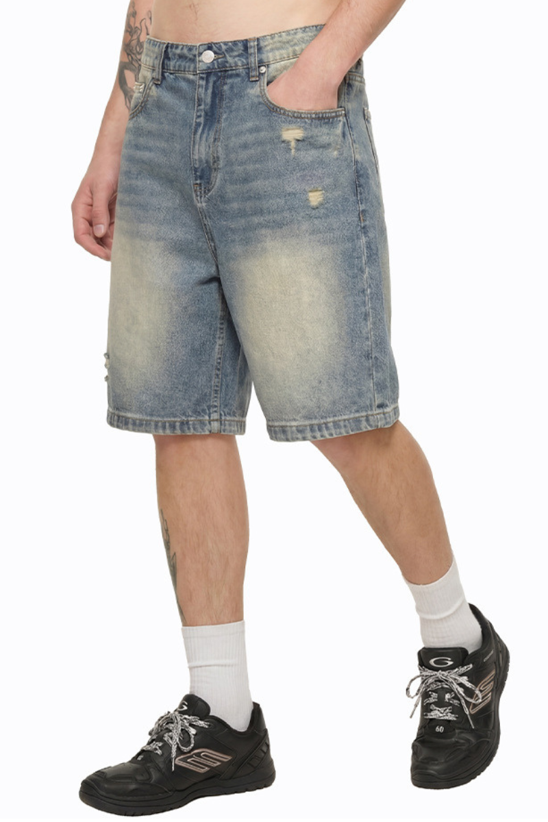 Men's Summer 385g Loose Raw Edge Ripped 5" Denim Shorts