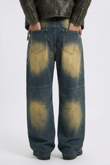 Men's Chain Rhinestone Washed Blue Yellow Fade Wide Jeans