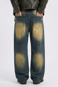 Men's Chain Rhinestone Washed Blue Yellow Fade Wide Jeans