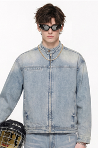 Men's 385g Washed Patchwork Denim StandCollar Zip Jacket