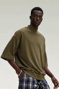 Men's Summer Mock Neck 305g Cotton Boxy Dolman Ribbed Tee