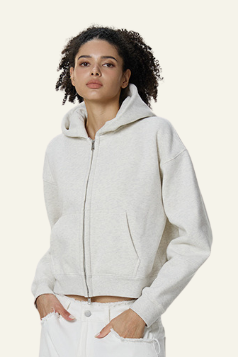 Women's  Fleece-lined Double-Zipper Cropped Hooded Jacket