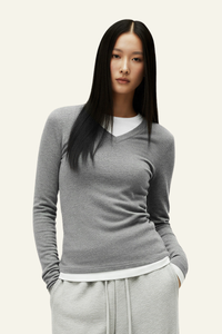 Women V-Neck Layered Long-Sleeve Knit T-Shirt