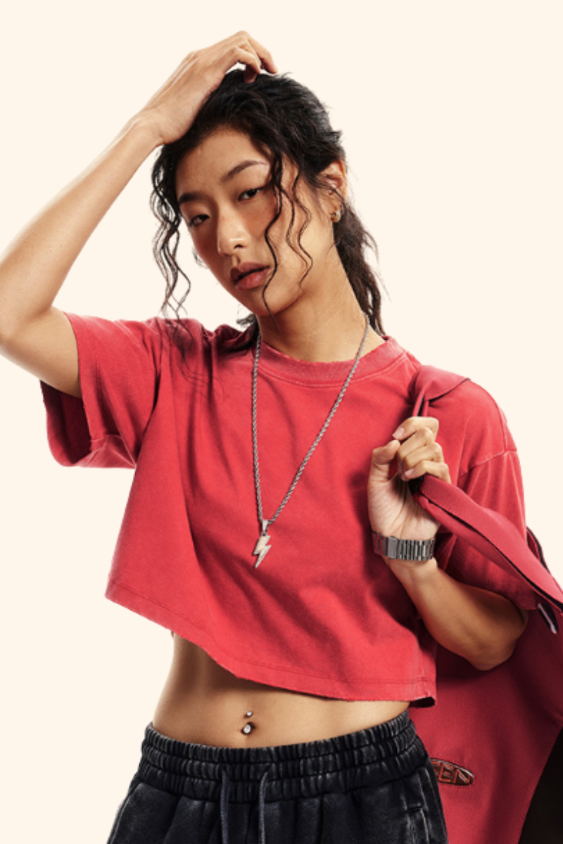 Women's Summer 230g Raw Edge Washed Crewneck Cropped Tee