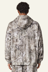Camouflage sweatshirt with fleece lining and hood.