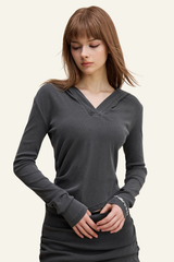 Women's Long Sleeve Deep V-Neck Slim Fit Hooded Top