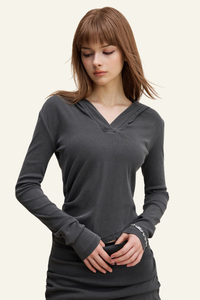 Women's Long Sleeve Deep V-Neck Slim Fit Hooded Top