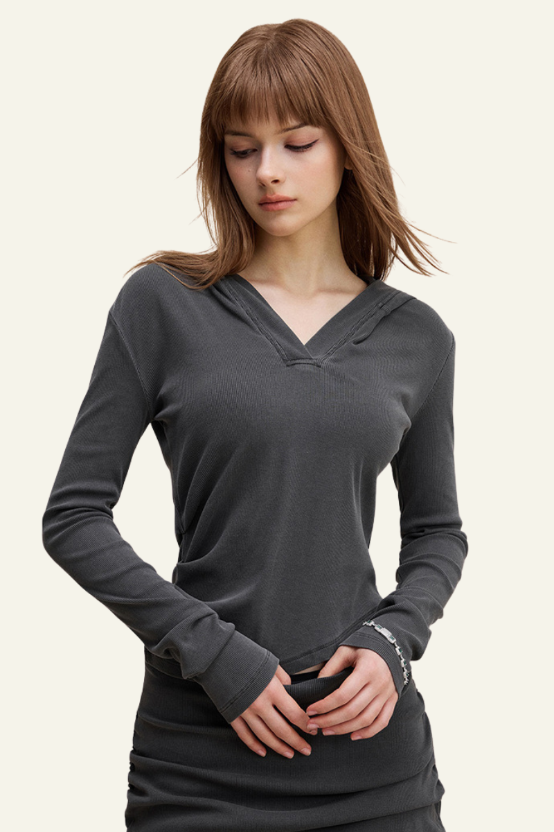 Women's Long Sleeve Deep V-Neck Slim Fit Hooded Top