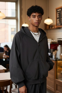 Men's  Streetwear Vintage Washed Full Zipper Hooded Jacket.