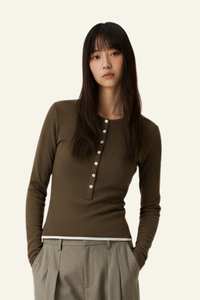 Women's Slim Fit Henley Neck Long Sleee T-shirt