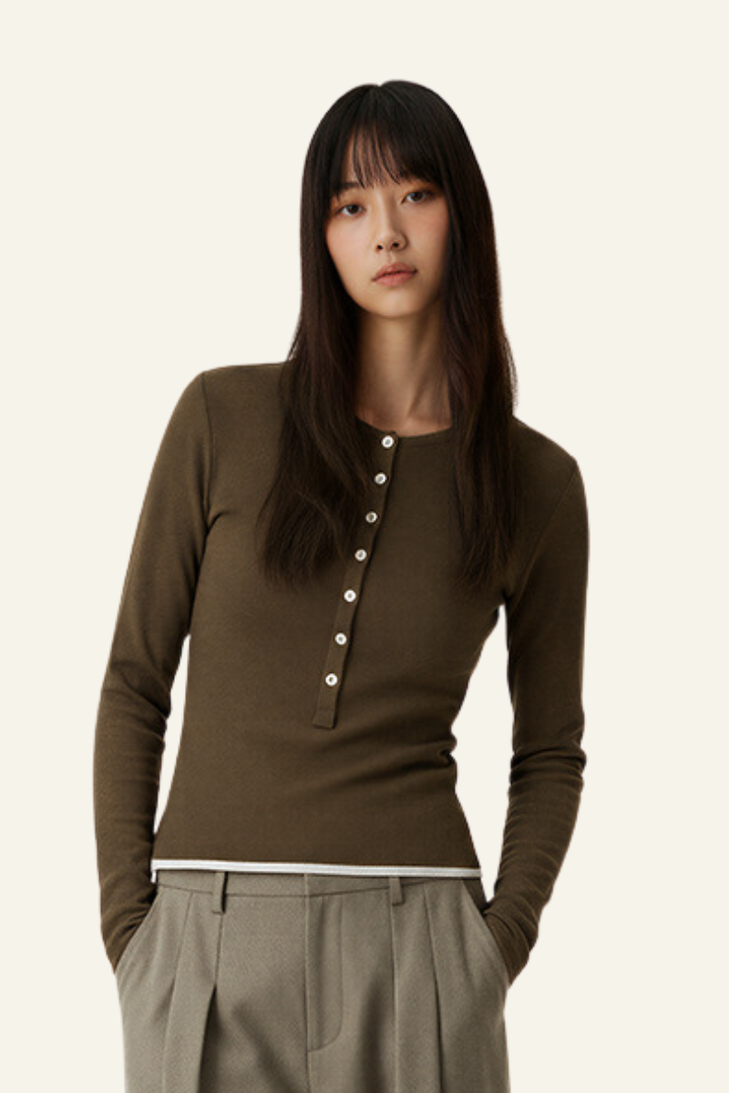Women's Slim Fit Henley Neck Long Sleee T-shirt