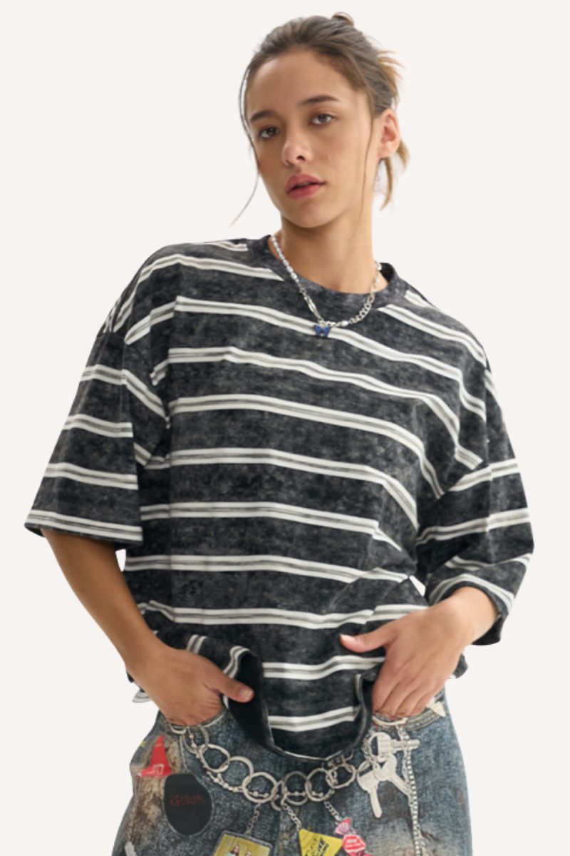 Unisex Washed Stripe Ribbed Crewneck Boxy Tee
