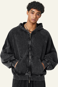 Men's  Streetwear Vintage Washed Full Zipper Hooded Jacket.
