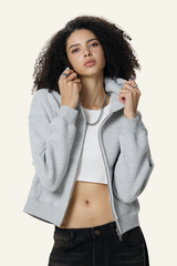 Women's  Fleece-lined Double-Zipper Cropped Hooded Jacket