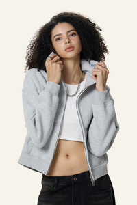 Women's  Fleece-lined Double-Zipper Cropped Hooded Jacket