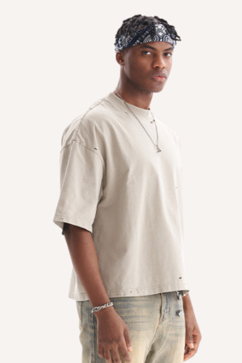 Men's Heavy Cotton Distressed Streetwear Breathable Tee