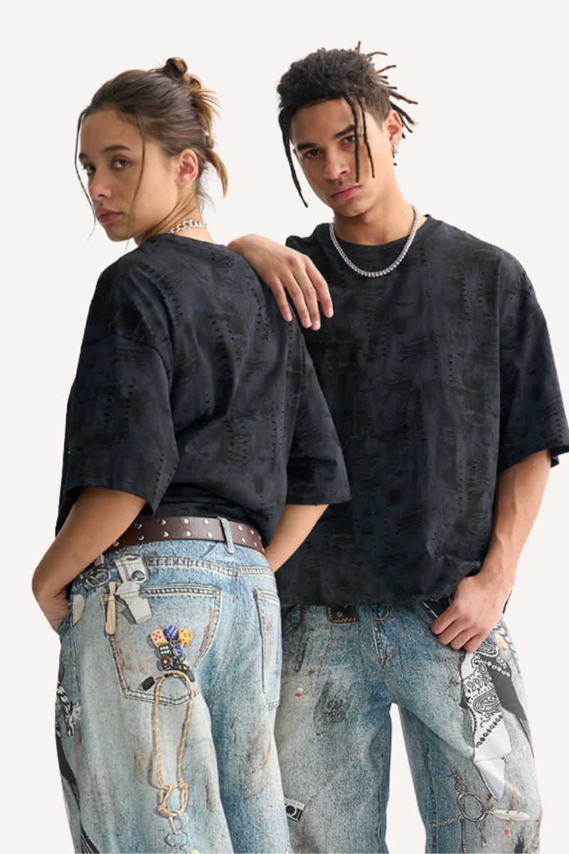 Unisex 260g Distressed Denim Hole Texture Boxy Tee