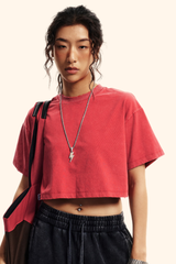 Women's Summer 230g Raw Edge Washed Crewneck Cropped Tee