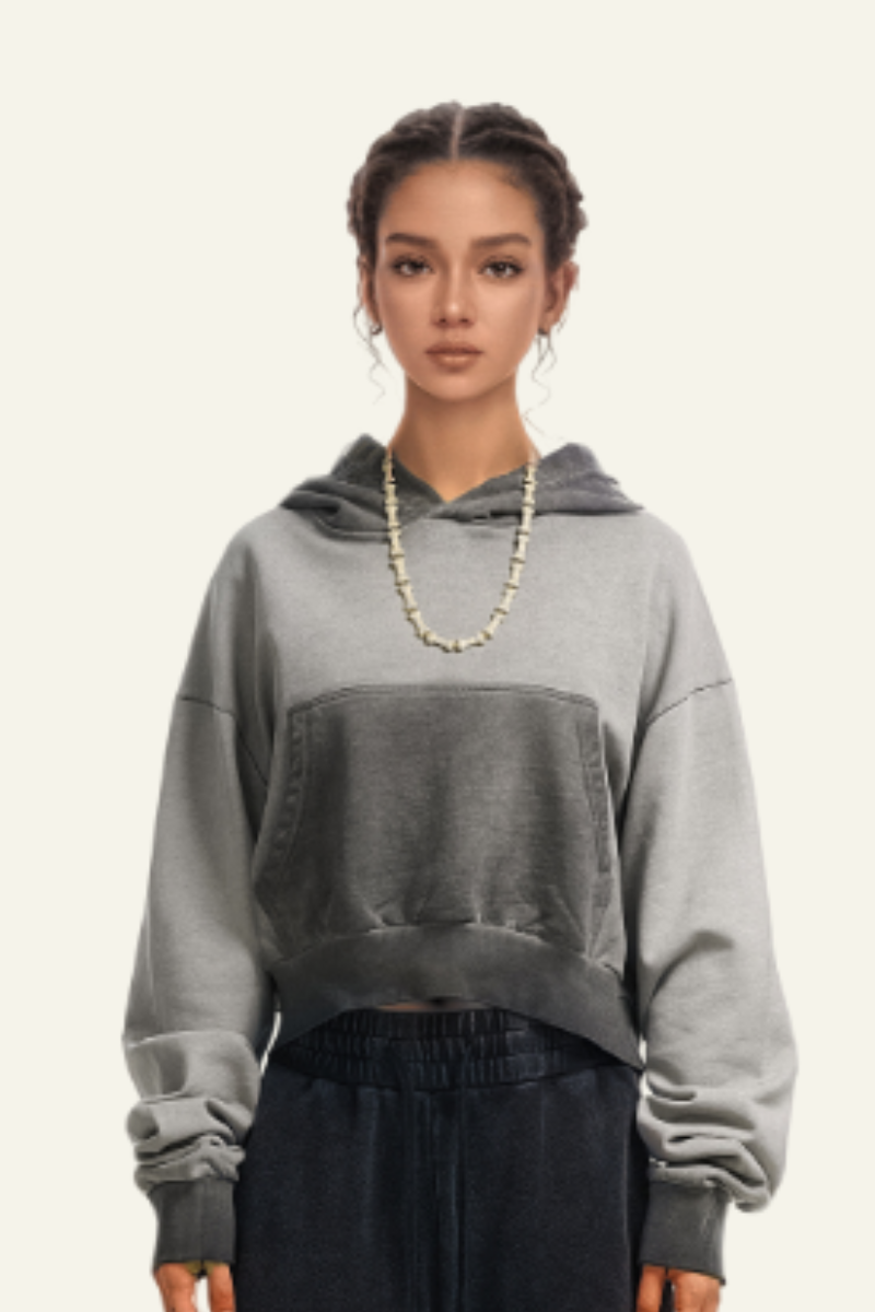Women's Cropped Color-Blocked Cotton Hoodie